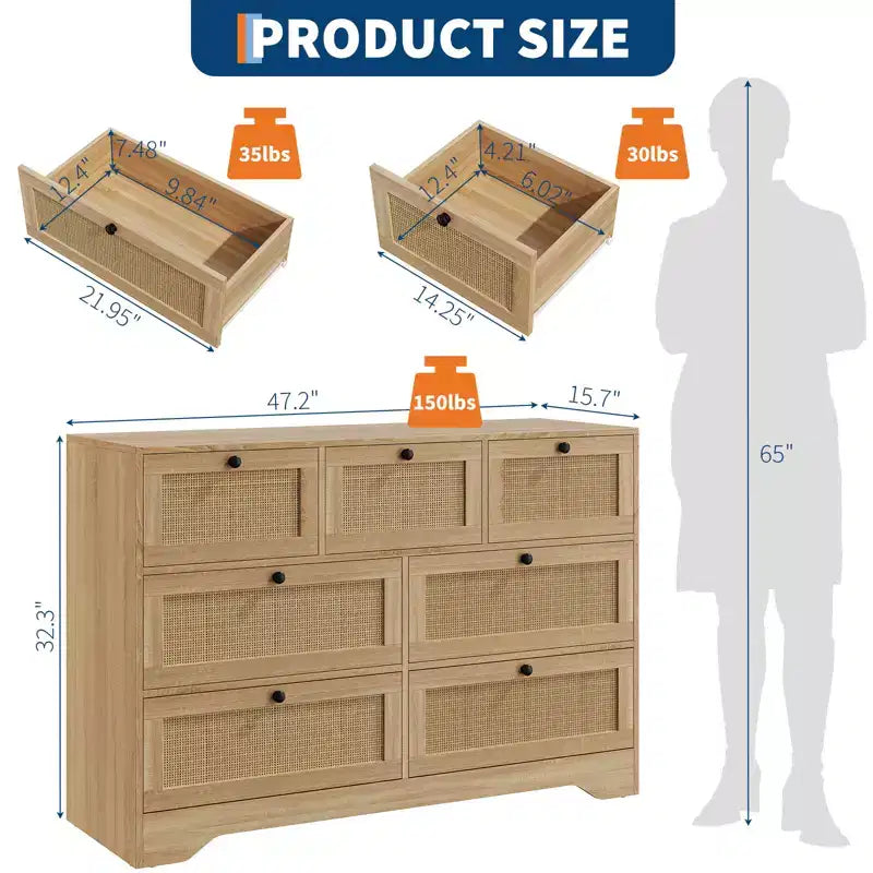 Commode 7 tiroirs en rotin naturel pour chambre à coucher, commode en bois de style rustique pour salon, entrée, couloir, chêne