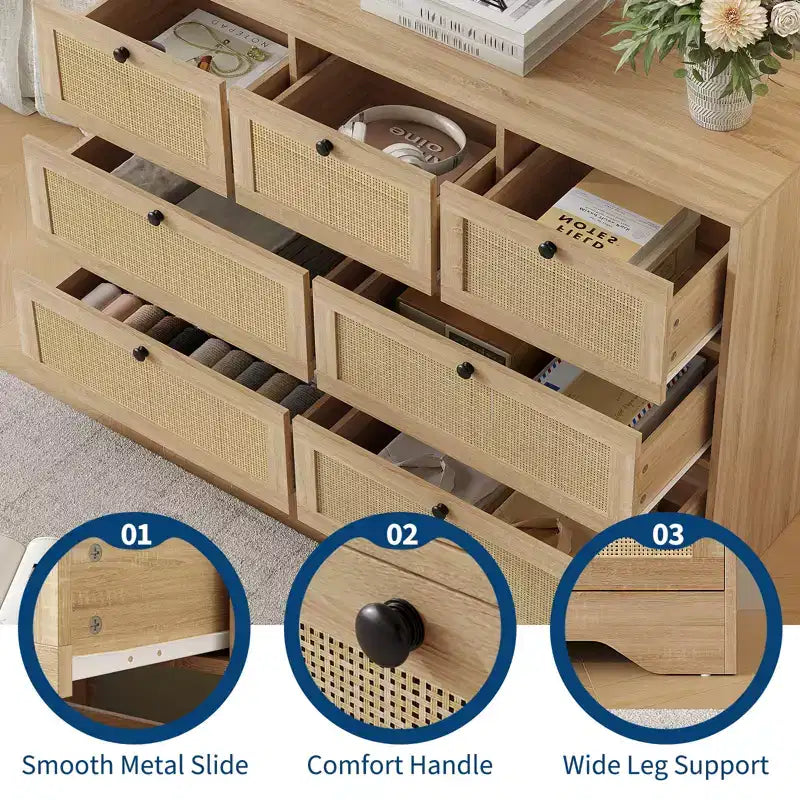Commode 7 tiroirs en rotin naturel pour chambre à coucher, commode en bois de style rustique pour salon, entrée, couloir, chêne