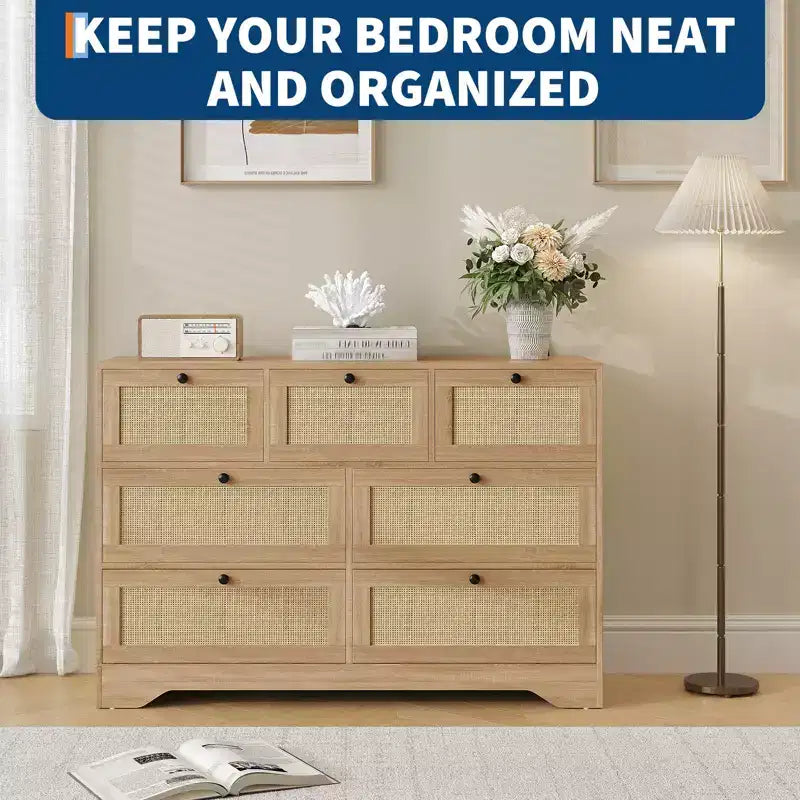 Commode 7 tiroirs en rotin naturel pour chambre à coucher, commode en bois de style rustique pour salon, entrée, couloir, chêne