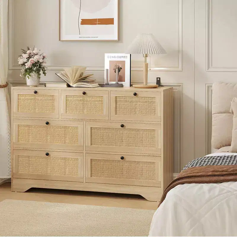 Commode 7 tiroirs en rotin naturel pour chambre à coucher, commode en bois de style rustique pour salon, entrée, couloir, chêne
