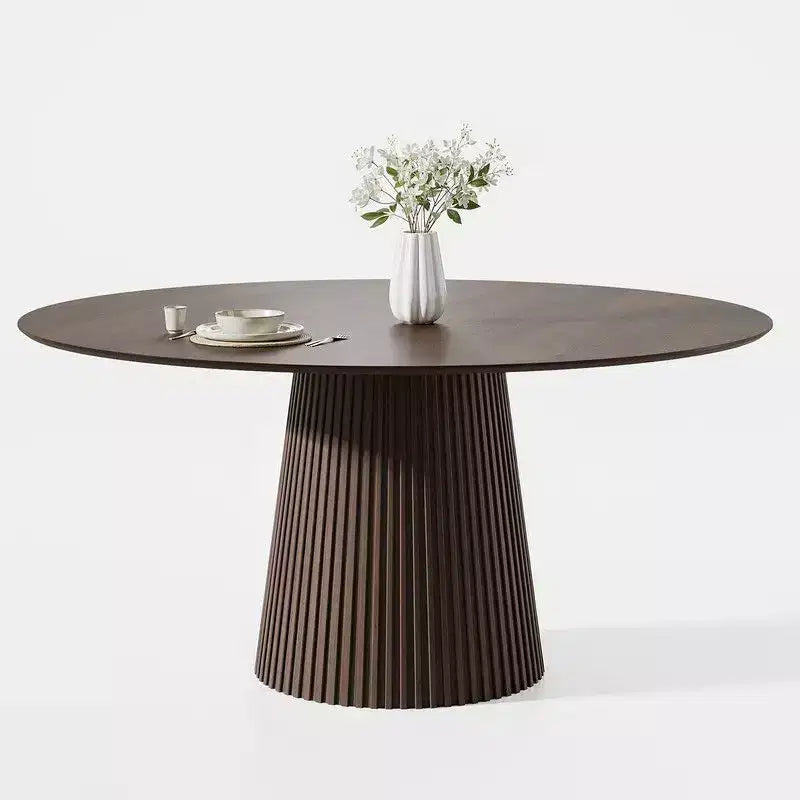Table à manger ronde 60" pour 6 personnes, table sur pied moderne avec base conique cannelée et plateau en MDF, pour petits espaces, cuisine, salle à manger, café, Noyer