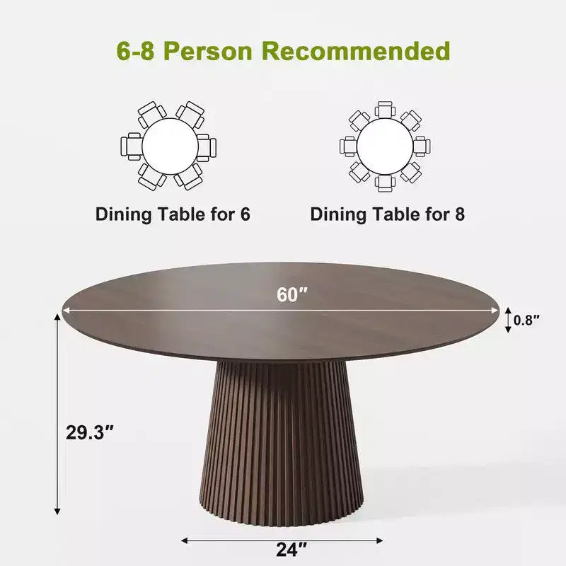 Table à manger ronde 60" pour 6 personnes, table sur pied moderne avec base conique cannelée et plateau en MDF, pour petits espaces, cuisine, salle à manger, café, Noyer