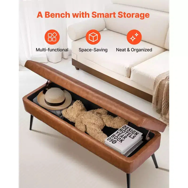 Banc Ottoman de Rangement en Cuir, Banc en Cuir PU avec Rangement et Pieds en Métal, Bancs de Bout de Lit Rembourrés, Marron