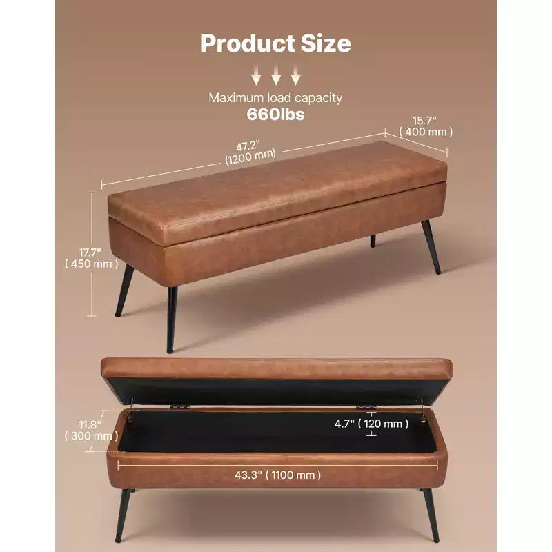 Banc Ottoman de Rangement en Cuir, Banc en Cuir PU avec Rangement et Pieds en Métal, Bancs de Bout de Lit Rembourrés, Marron