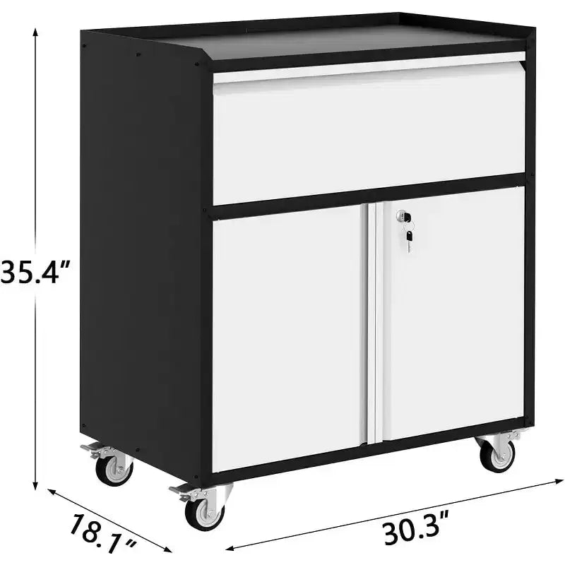 Armoire de rangement à roulettes pour garage, Armoire à outils en métal robuste avec tiroir, Étagère réglable, Serrure et 4 roues, Chariot à outils pour bureau à domicile et atelier
