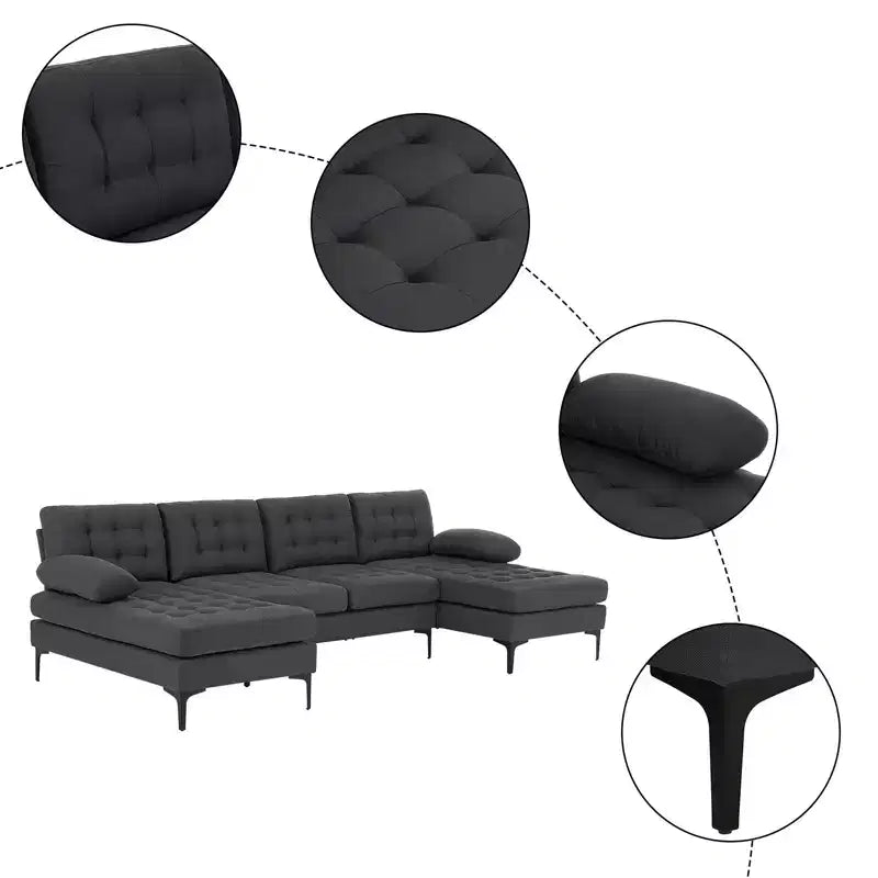 Canapé 4 places en U touffeté gris avec accoudoirs et surmatelas, largeur 110 po