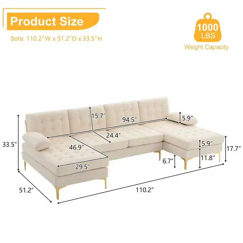 Canapé 4 places en U touffeté gris avec accoudoirs et surmatelas, largeur 110 po
