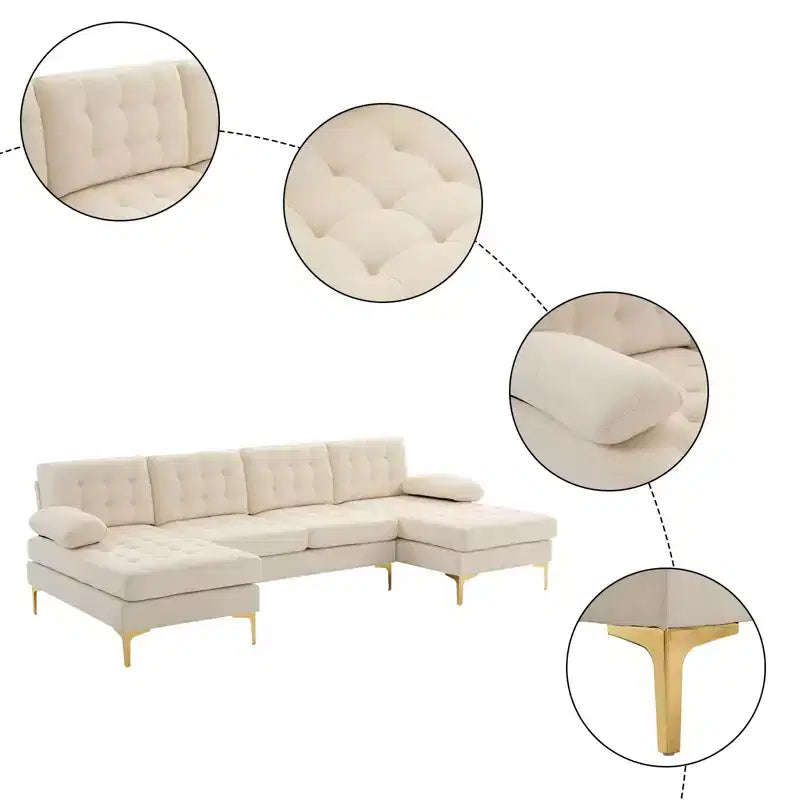 Canapé 4 places en U touffeté gris avec accoudoirs et surmatelas, largeur 110 po