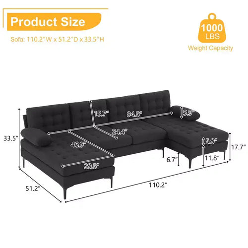 Canapé 4 places en U touffeté gris avec accoudoirs et surmatelas, largeur 110 po