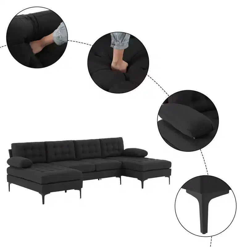 Canapé 4 places en U touffeté gris avec accoudoirs et surmatelas, largeur 110 po