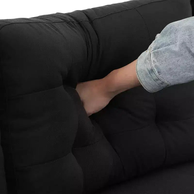 Canapé 4 places en U touffeté gris avec accoudoirs et surmatelas, largeur 110 po