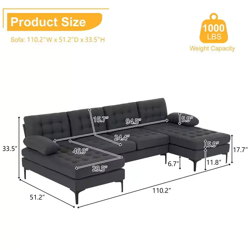Canapé 4 places en U touffeté gris avec accoudoirs et surmatelas, largeur 110 po
