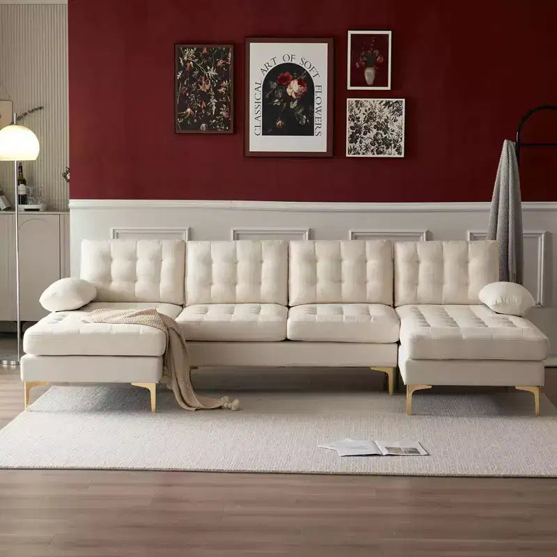 Canapé 4 places en U touffeté gris avec accoudoirs et surmatelas, largeur 110 po