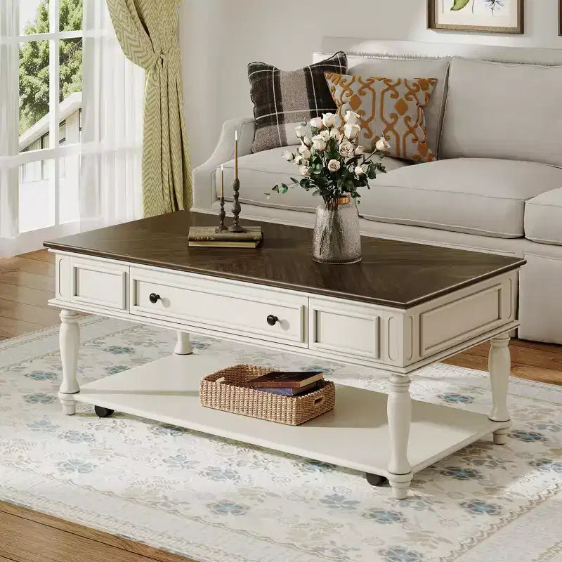Table basse rétro en bois d'hévéa avec un tiroir, une étagère et des roulettes verrouillables
