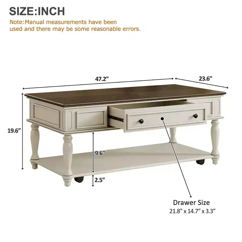 Table basse rétro en bois d'hévéa avec un tiroir, une étagère et des roulettes verrouillables