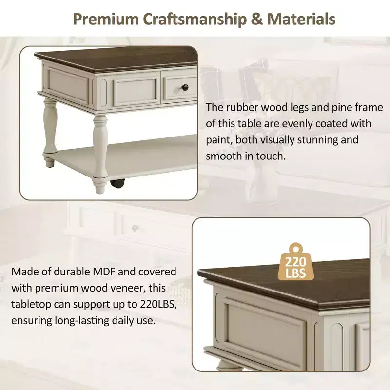 Table basse rétro en bois d'hévéa avec un tiroir, une étagère et des roulettes verrouillables