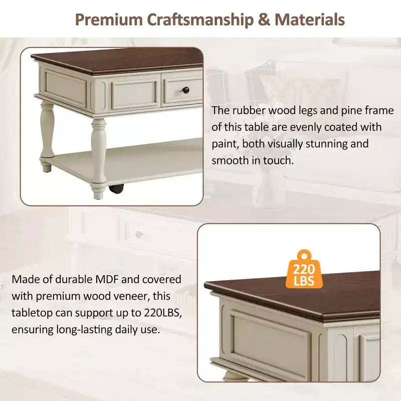 Table basse rétro en bois d'hévéa avec un tiroir, une étagère et des roulettes verrouillables
