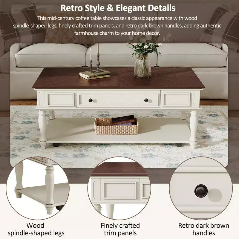 Table basse rétro en bois d'hévéa avec un tiroir, une étagère et des roulettes verrouillables