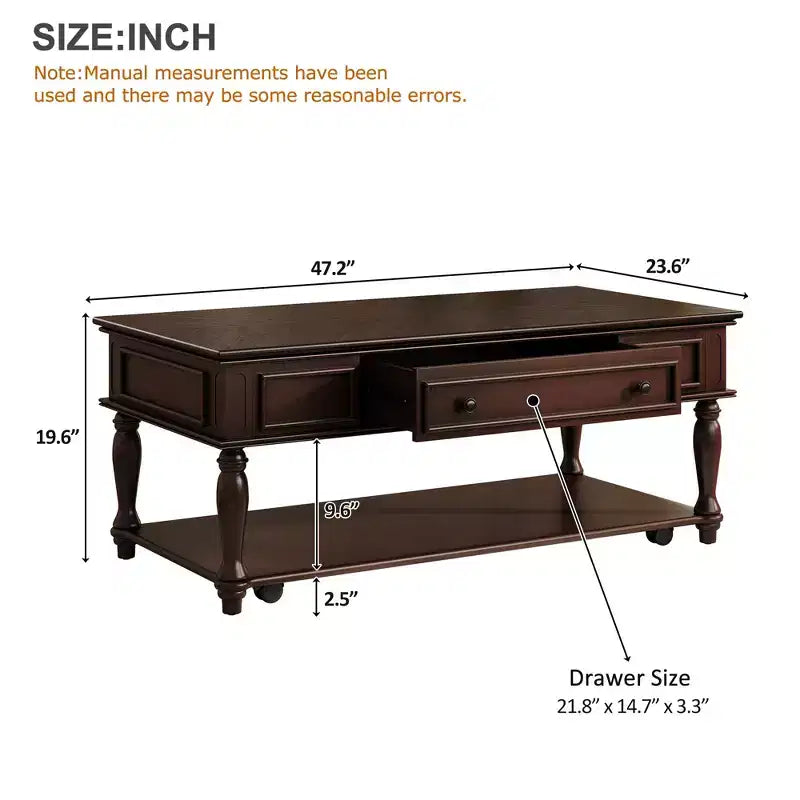 Table basse rétro en bois d'hévéa avec un tiroir, une étagère et des roulettes verrouillables