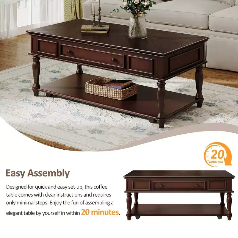 Table basse rétro en bois d'hévéa avec un tiroir, une étagère et des roulettes verrouillables
