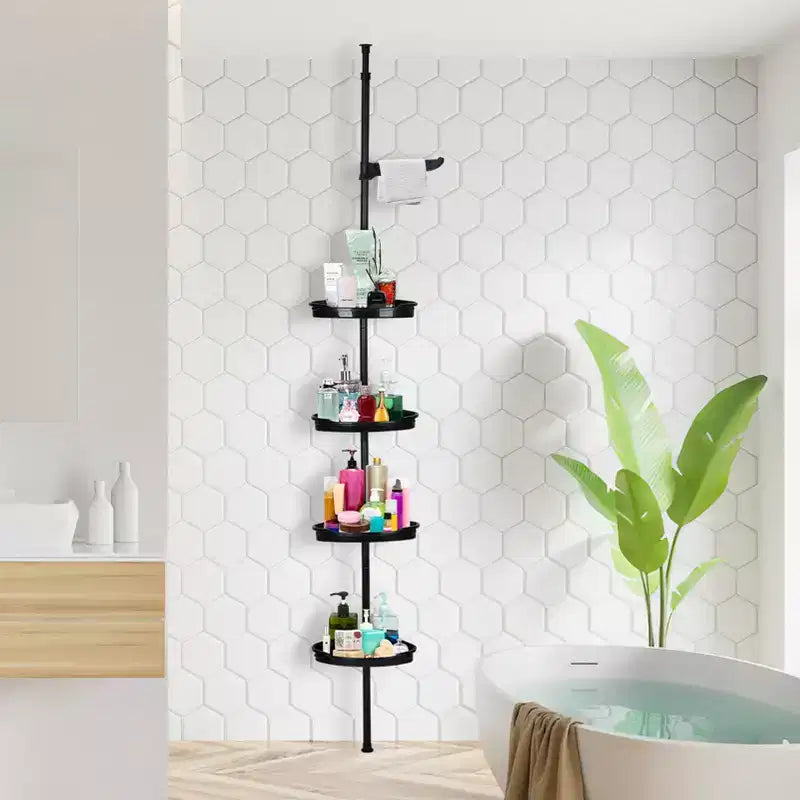 Corner Shower Caddy Tension Pole, 4-Tier Standing Bathroom Shower Organizer Shelves, Quick Install, No-Drill Quick Installation