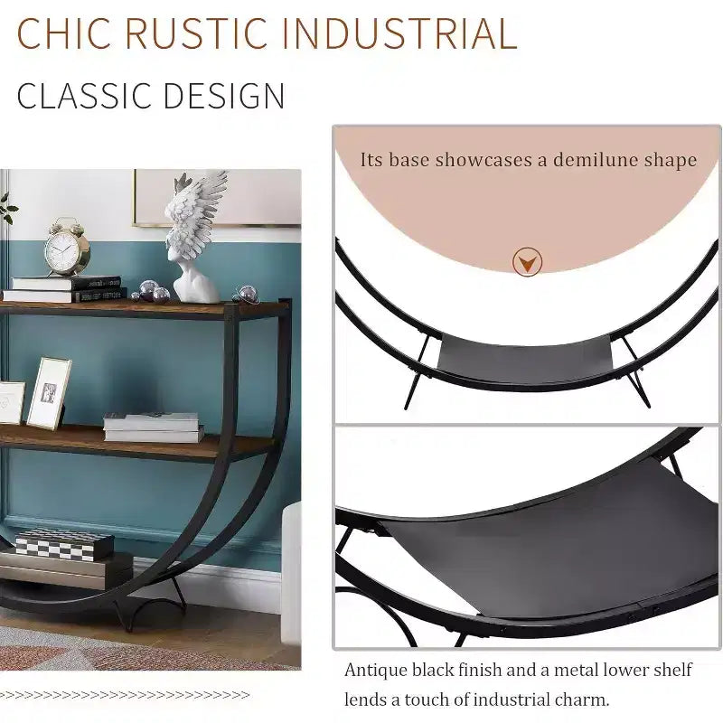 Console demi-lune, table d'entrée de style industriel de 48 po avec étagère de rangement ouverte à 3 niveaux, table de canapé en bois avec plateau en MDF et cadre en métal