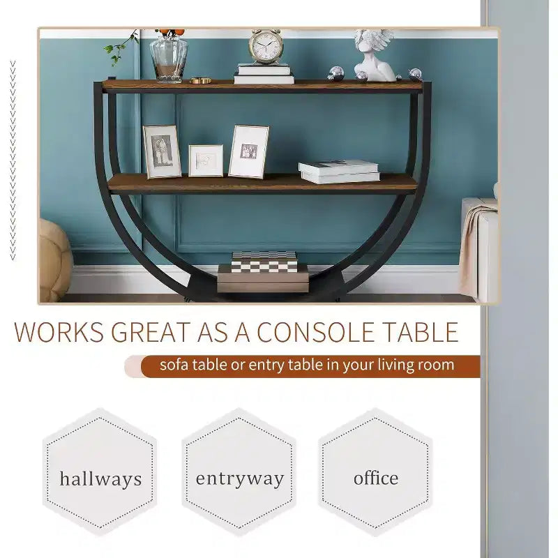 Console demi-lune, table d'entrée de style industriel de 48 po avec étagère de rangement ouverte à 3 niveaux, table de canapé en bois avec plateau en MDF et cadre en métal