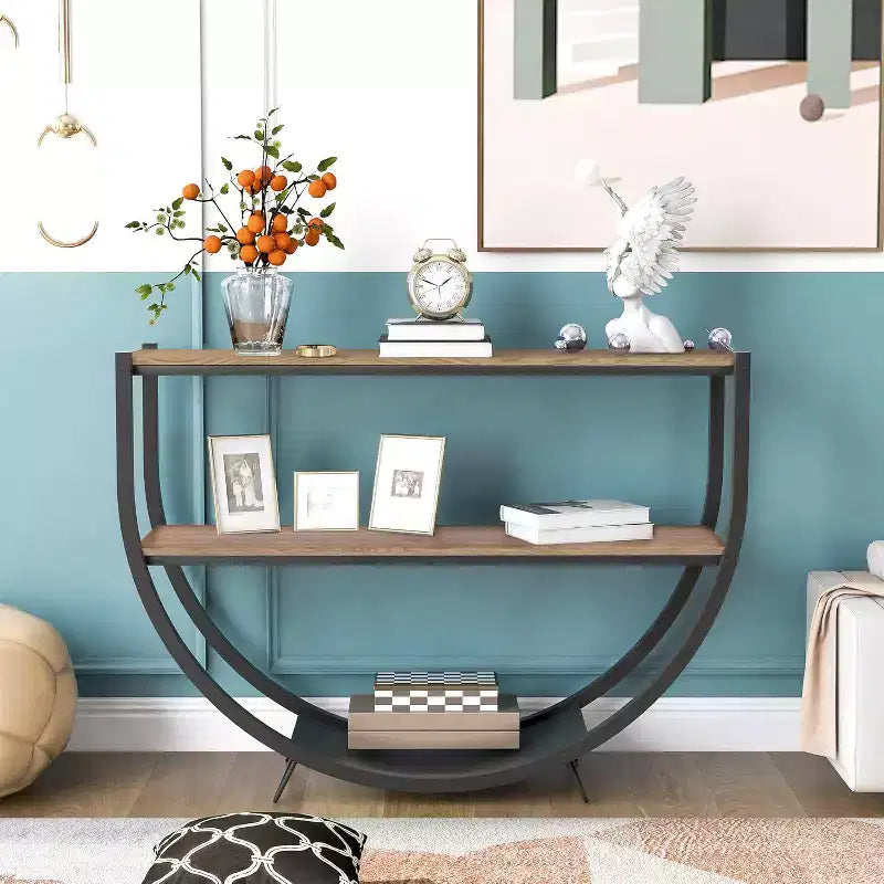 Console demi-lune, table d'entrée de style industriel de 48 po avec étagère de rangement ouverte à 3 niveaux, table de canapé en bois avec plateau en MDF et cadre en métal