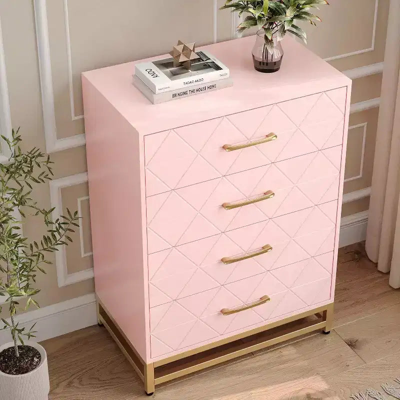 Commode à 4 tiroirs, Commode en bois avec poignées dorées, Unité de rangement commode de poitrine, Commode pour salon, placard, couloir