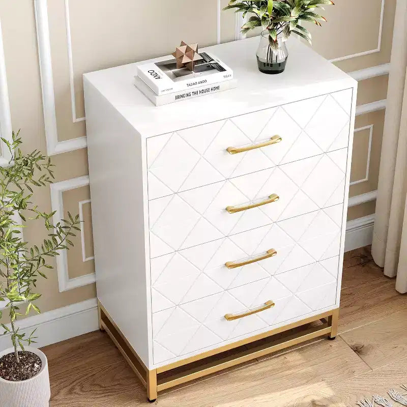 Commode à 4 tiroirs, Commode en bois avec poignées dorées, Unité de rangement commode de poitrine, Commode pour salon, placard, couloir