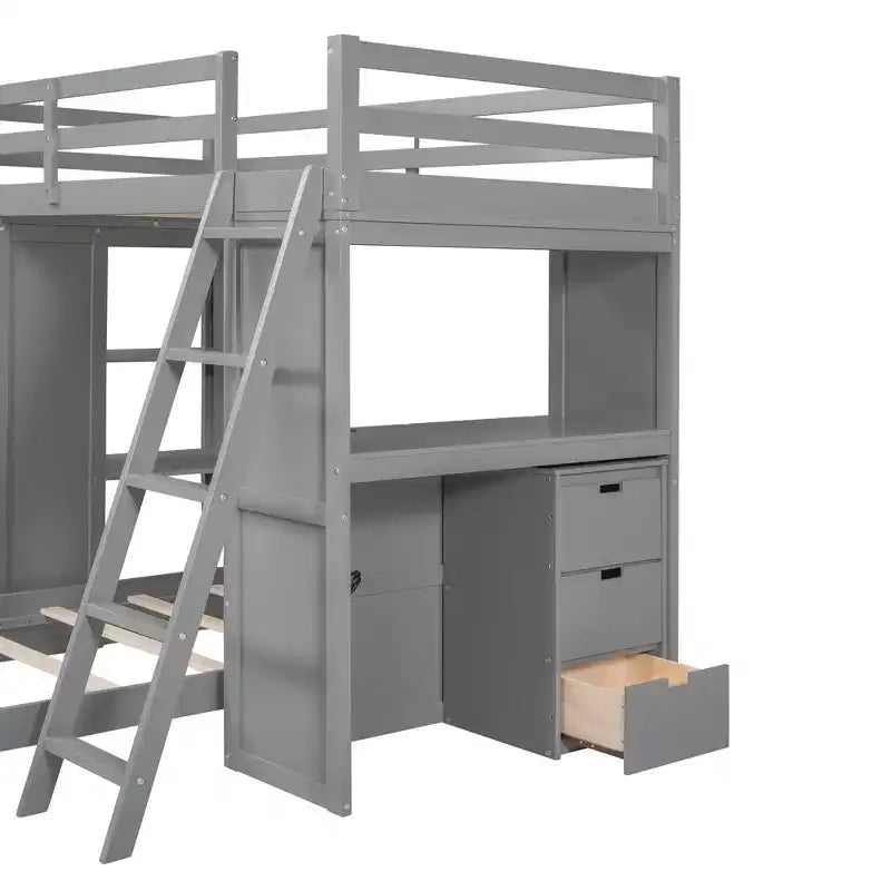 Lits superposés jumeaux séparables avec bureau et tiroirs, cadre de lit superposé en bois en forme de L et lumière LED pour enfants et adolescents