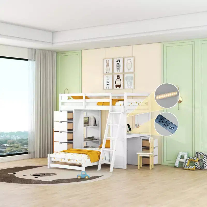 Lits superposés jumeaux séparables avec bureau et tiroirs, cadre de lit superposé en bois en forme de L et lumière LED pour enfants et adolescents
