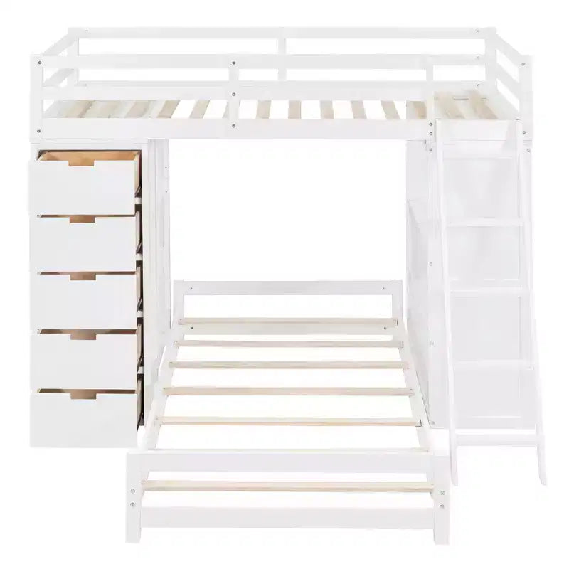 Lits superposés jumeaux séparables avec bureau et tiroirs, cadre de lit superposé en bois en forme de L et lumière LED pour enfants et adolescents