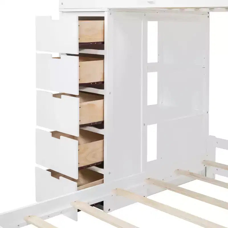 Lits superposés jumeaux séparables avec bureau et tiroirs, cadre de lit superposé en bois en forme de L et lumière LED pour enfants et adolescents