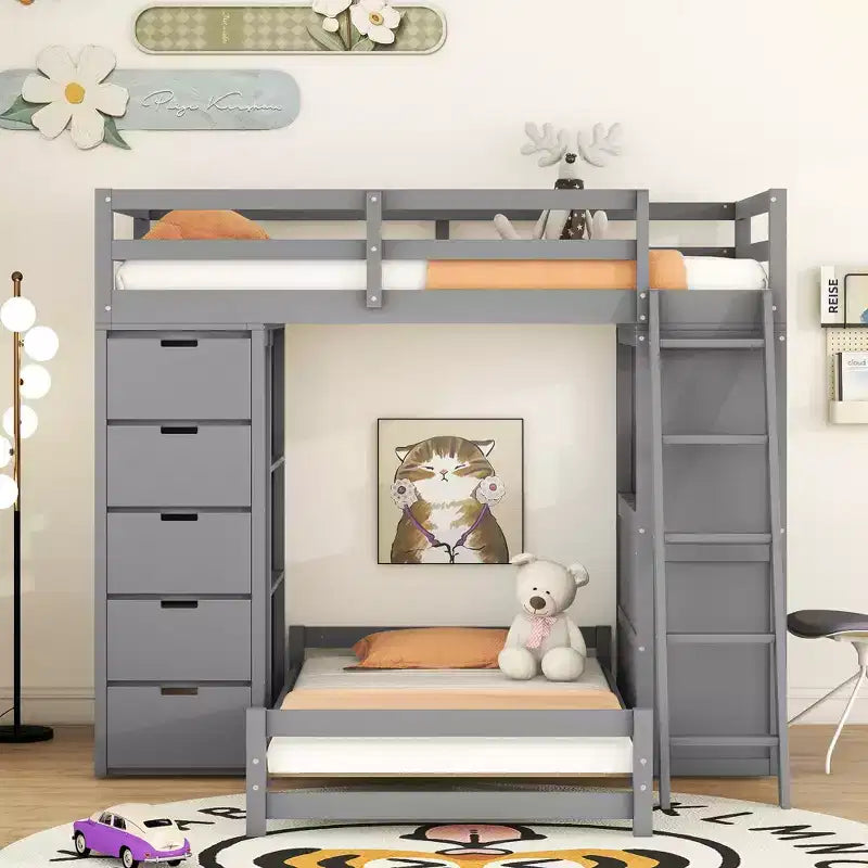 Lits superposés jumeaux séparables avec bureau et tiroirs, cadre de lit superposé en bois en forme de L et lumière LED pour enfants et adolescents