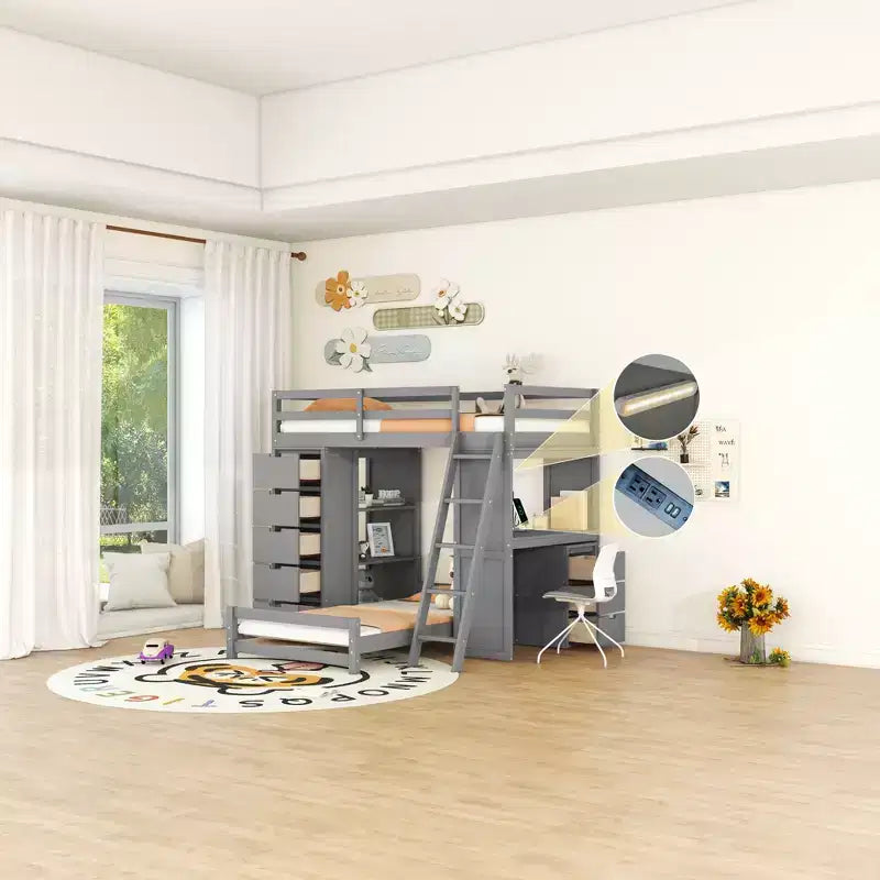 Lits superposés jumeaux séparables avec bureau et tiroirs, cadre de lit superposé en bois en forme de L et lumière LED pour enfants et adolescents