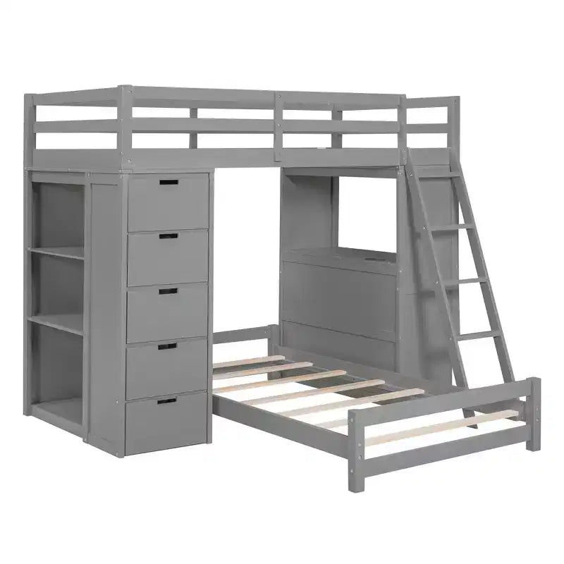 Lits superposés jumeaux séparables avec bureau et tiroirs, cadre de lit superposé en bois en forme de L et lumière LED pour enfants et adolescents