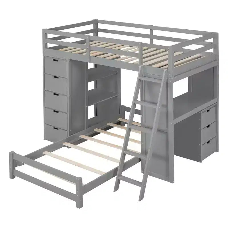 Lits superposés jumeaux séparables avec bureau et tiroirs, cadre de lit superposé en bois en forme de L et lumière LED pour enfants et adolescents