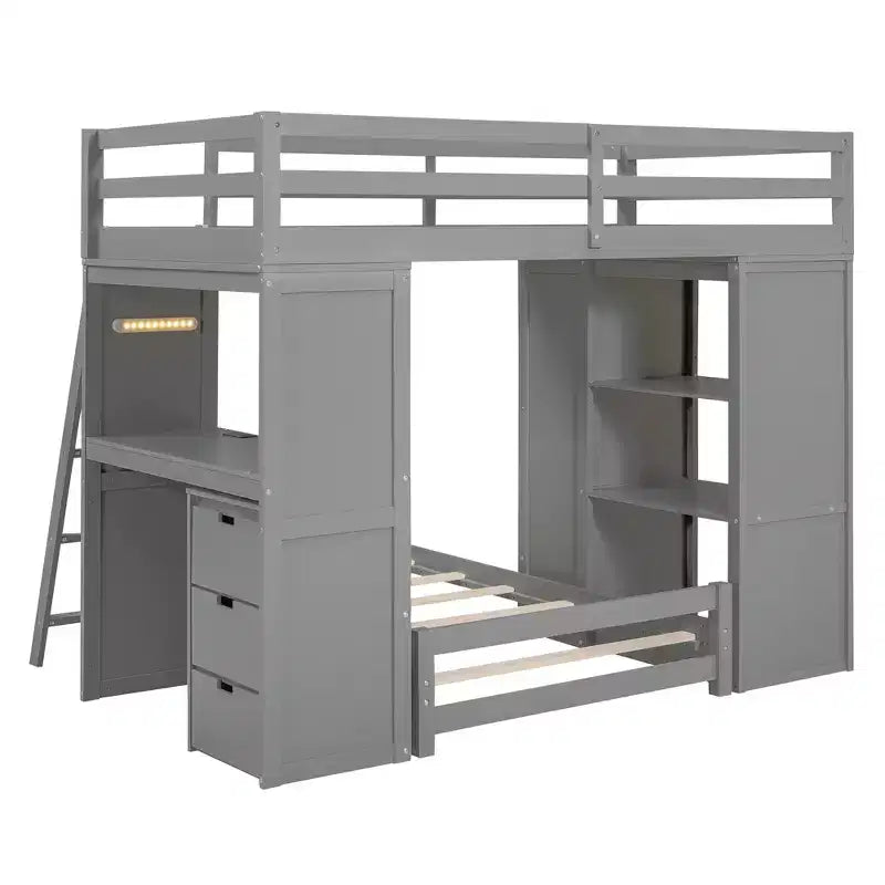 Lits superposés jumeaux séparables avec bureau et tiroirs, cadre de lit superposé en bois en forme de L et lumière LED pour enfants et adolescents
