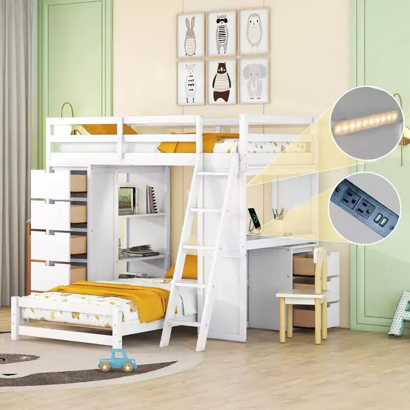 Lits superposés jumeaux séparables avec bureau et tiroirs, cadre de lit superposé en bois en forme de L et lumière LED pour enfants et adolescents