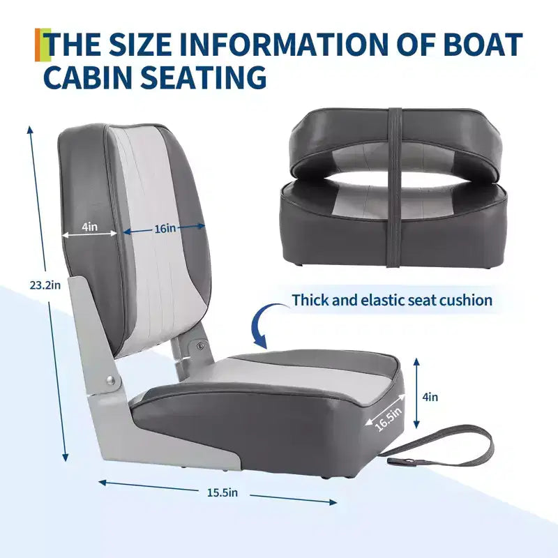 Siège de bateau pliant pour capitaine – Sièges de bateau de pêche à dossier bas avec coussins en éponge haute densité, résistants aux UV et sangles de fixation