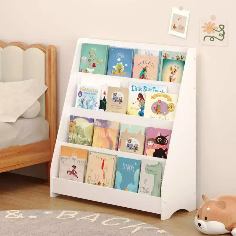 Étagère à livres 4 niveaux pour enfants, Présentoir à livres pour tout-petits, Aide à organiser les chambres à coucher, salles de jeux et salles de classe, Blanc