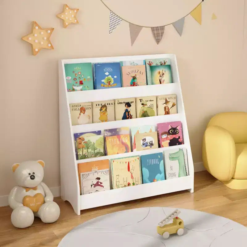 Étagère à livres 4 niveaux pour enfants, Présentoir à livres pour tout-petits, Aide à organiser les chambres à coucher, salles de jeux et salles de classe, Blanc