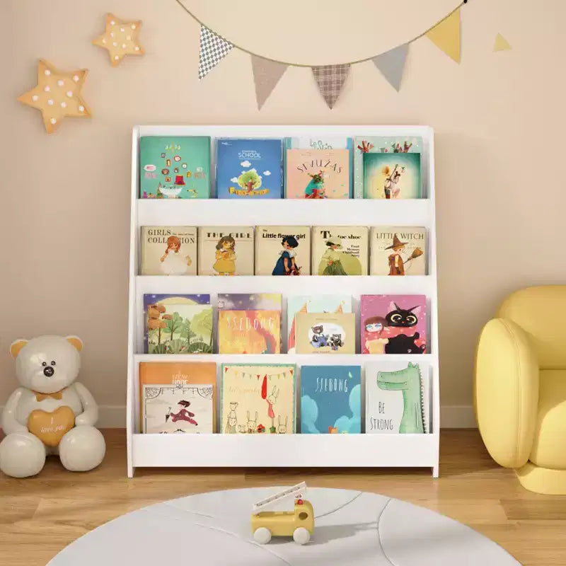 Étagère à livres 4 niveaux pour enfants, Présentoir à livres pour tout-petits, Aide à organiser les chambres à coucher, salles de jeux et salles de classe, Blanc