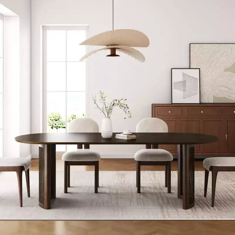 Table de salle à manger ovale 67 po pour 4 à 6 personnes avec plateau de bordure en demi-rond et base tissée en rotin, table de cuisine moderne de style campagnard pour salon et salle à manger, noyer
