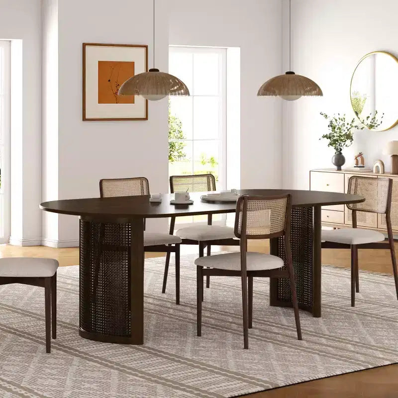 Table de salle à manger ovale 67 po pour 4 à 6 personnes avec plateau de bordure en demi-rond et base tissée en rotin, table de cuisine moderne de style campagnard pour salon et salle à manger, noyer