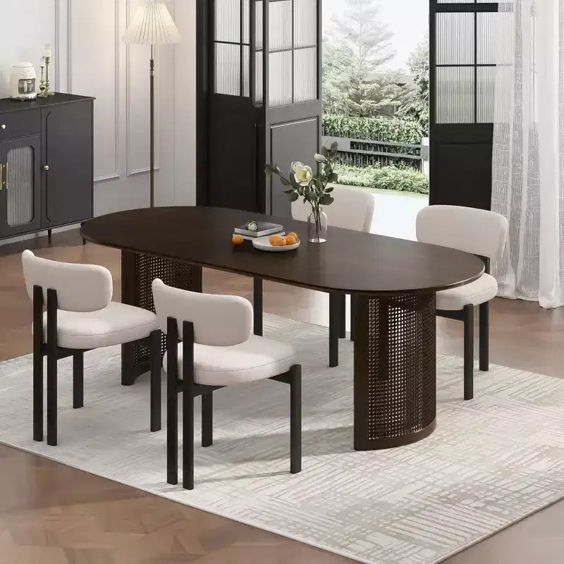 Table de salle à manger ovale 67 po pour 4 à 6 personnes avec plateau de bordure en demi-rond et base tissée en rotin, table de cuisine moderne de style campagnard pour salon et salle à manger, noyer