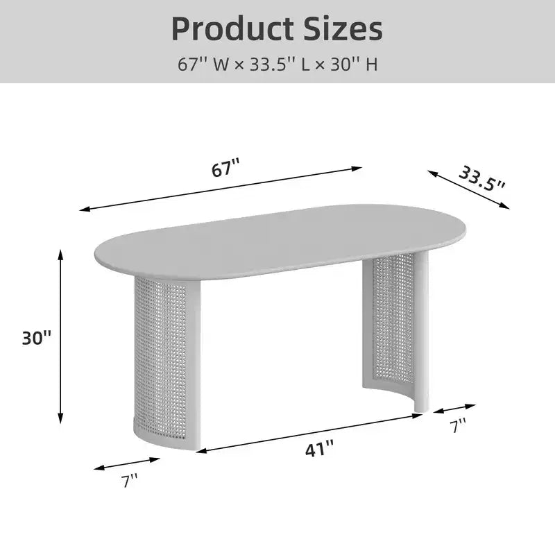 Table de salle à manger ovale 67 po pour 4 à 6 personnes avec plateau de bordure en demi-rond et base tissée en rotin, table de cuisine moderne de style campagnard pour salon et salle à manger, noyer