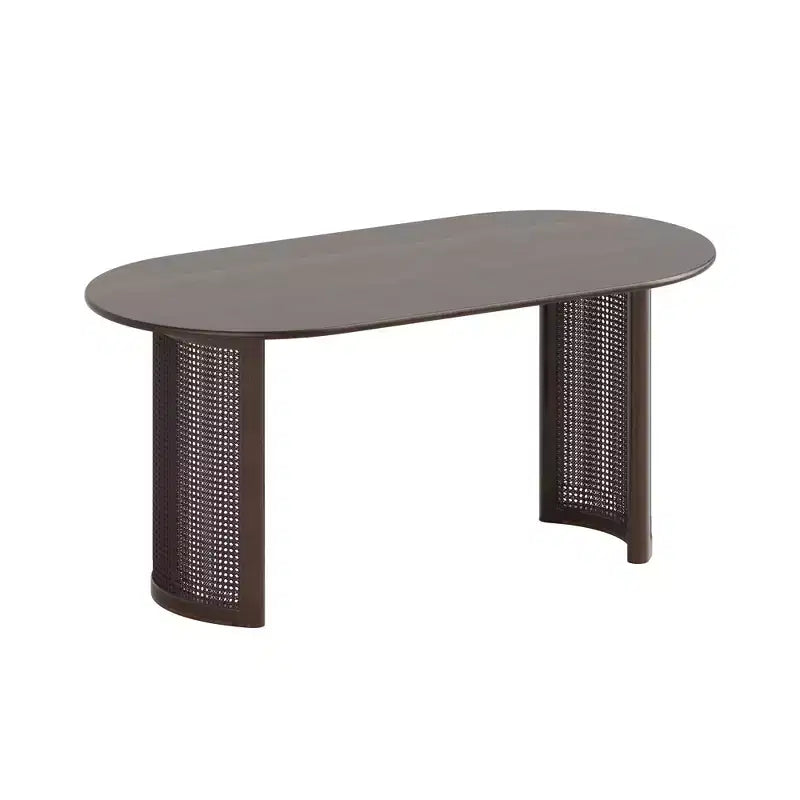 Table de salle à manger ovale 67 po pour 4 à 6 personnes avec plateau de bordure en demi-rond et base tissée en rotin, table de cuisine moderne de style campagnard pour salon et salle à manger, noyer