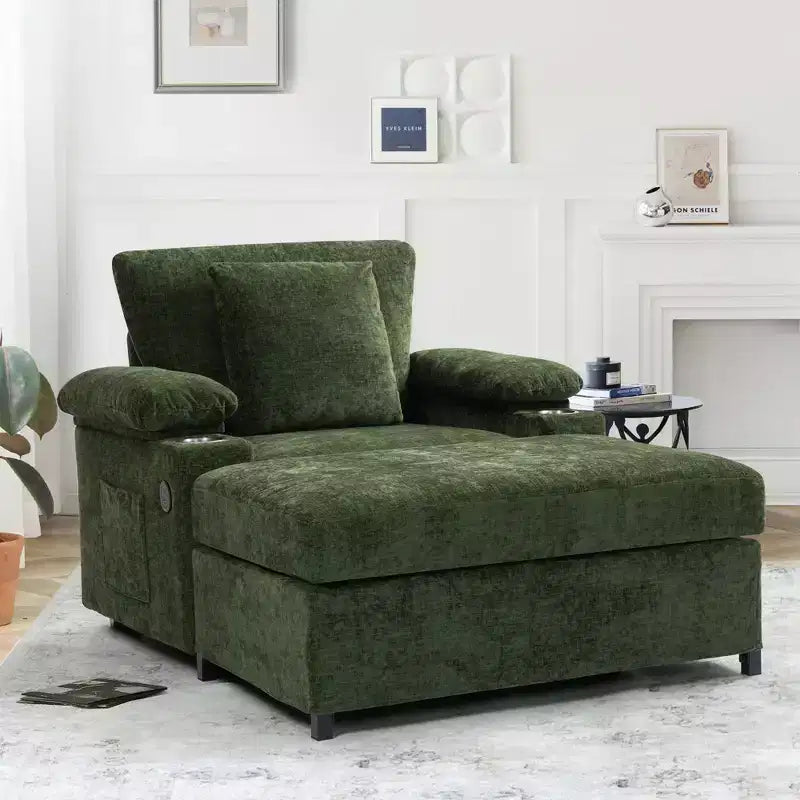 Canapé surdimensionné en chenille avec porte-gobelets et soutien lombaire pour soulager les maux de dos pour salon ou bureau vert